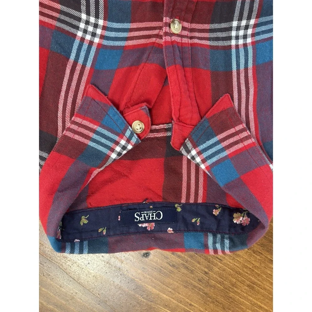 Chaps Women's Red Plaid Button-Up Shirt Floral Cuff Accent Size M